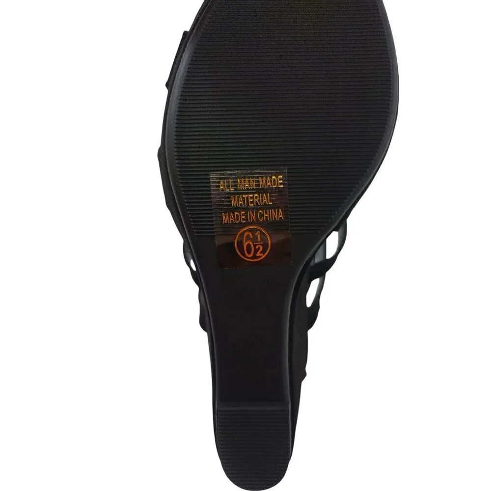 Black Strappy Open-Toe Wedge Sandals With Back Zipper Closure For Women Size 6.5
